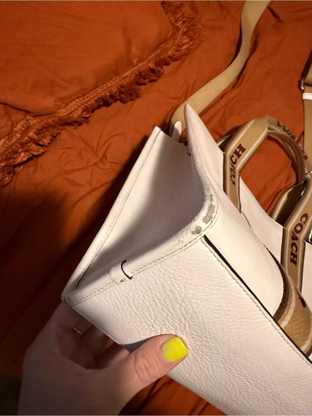COACH Cream Pebbled Leather Tote with Tan Branded Straps - Picture 3 of 6
